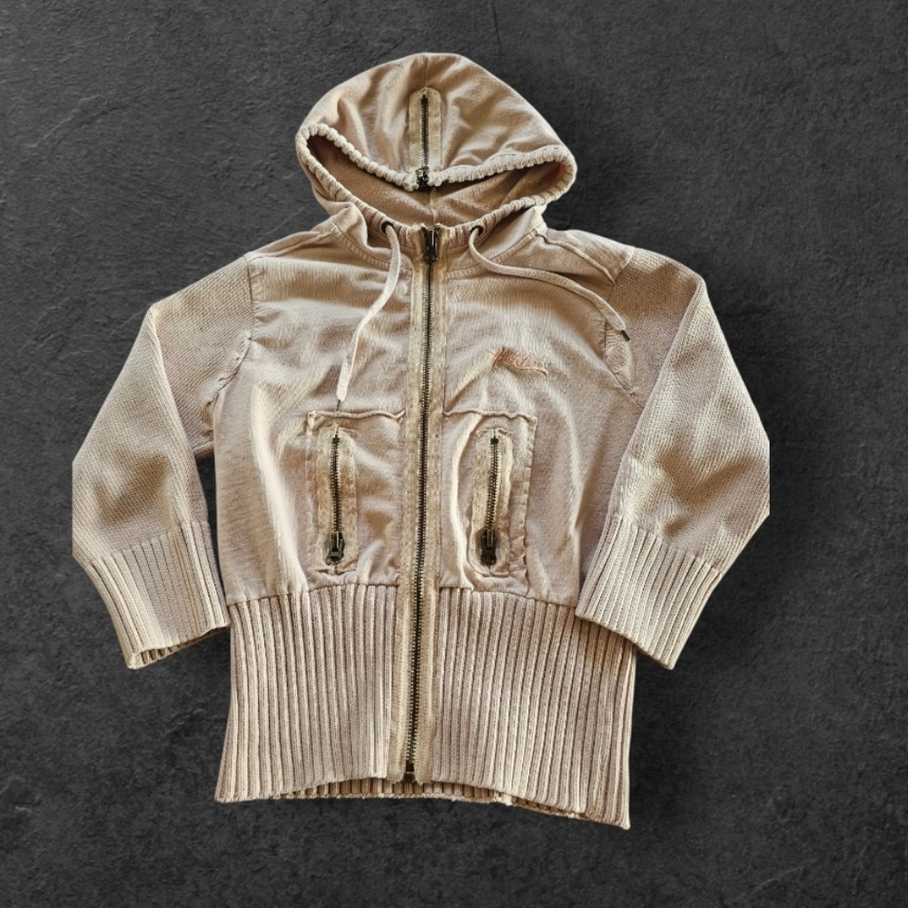 Hale Bob Avantgarde Y2K Beige Zip Up Hooded CottonKnitted 3/4 Sleeve Jacket Sz L